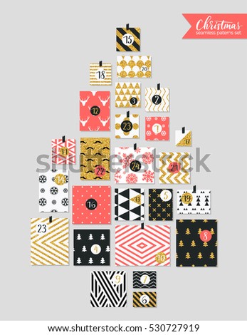 Abstract red and gold colored twenty four various seamless patterns set. Count down till christmas. Advent calendar. Vector