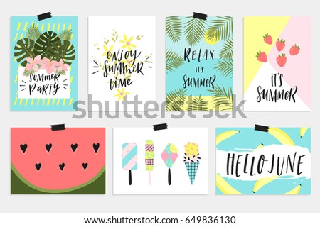 Summer June greeting cards and posters collection. Fun elements, hand drawn lettering, textures set. Sale banners, wallpaper, flyers, invitation, posters, brochure, voucher discount, ticket design.