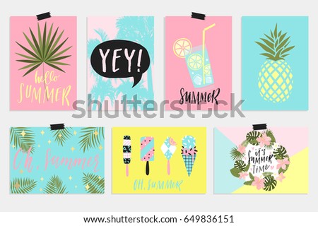 Summer June greeting cards and posters collection. Fun elements, hand drawn lettering, textures set. Sale banners, wallpaper, flyers, invitation, posters, brochure, voucher discount, ticket design