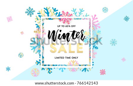 Elegant and fun Winter background design with hand drawn lettering and shiny and bright snowflakes in frame on geometric background. Fashion sale or new collection banner. Trendy vector illustration
