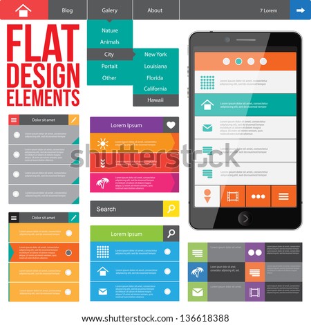 Flat Web Design, elements, buttons, icons. Templates for website.