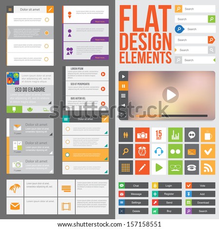 Flat Web Design elements, buttons, icons and video player. Templates for website or applications.