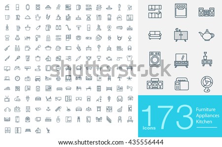 173 line icons for furniture, appliances and kitchen. Big set of professional line icons