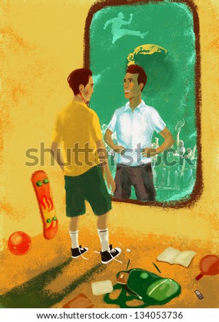 Young  man- boy looking to himself in the mirror