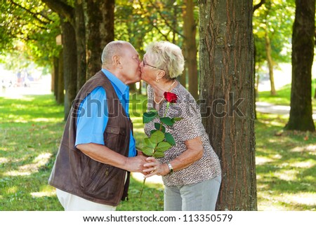 mature senior couple is in love. man handed a rose.