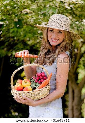Many Fruit and vegetables in the basket with his wife