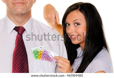 Euro banknotes woman pulls a man out of his pocket
