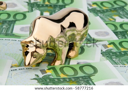 Many euro banknotes. Bull and Bear
