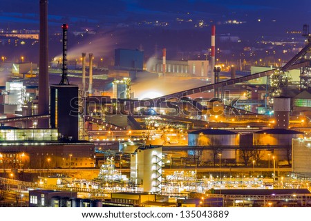 austria, upper austria, linz. night view of the industrial area