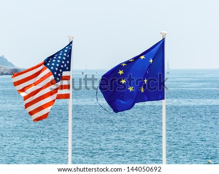 flags of the european union and the united states, symbolic photo for, diplomacy, foreign policy