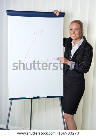 a young businesswoman is standing at a talk next to a flip chart