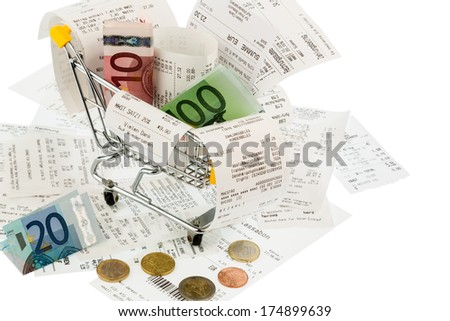shopping cart, bills and receipts, symbol photo for purchasing power, consumption and inflation