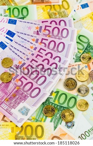 many different euro bills. symbolic photo for wealth and investment