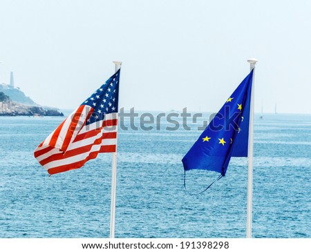 flags of the european union, france and the usa, symbolic photo for, diplomacy, foreign policy
