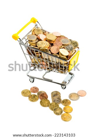 a shopping cart is well stocked with euro coins, symbolic photo for purchasing power and consumption