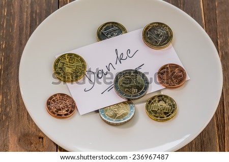 a plate of coins for tips or fee for toilets. in german language