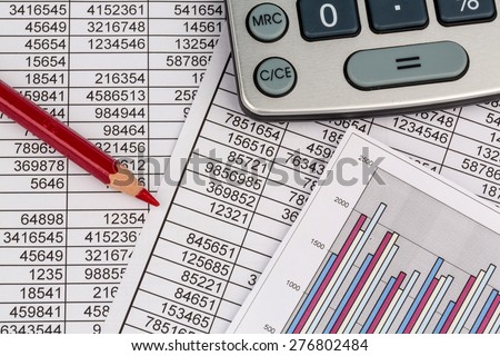 a calculator is located on the numbers a balance us statistics. photo icon for sales, profits and costs.