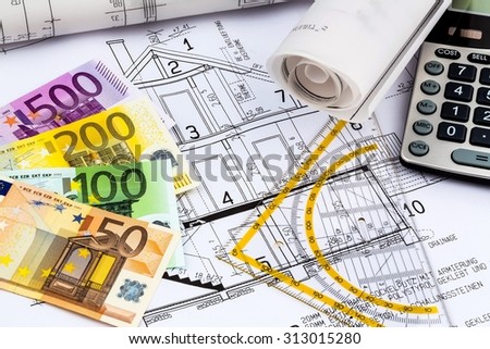 a blueprint of an architect with a calculator and euro money. symbolic photo for funding and planning of a new home.