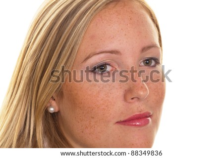 portrait of a young blond woman with freckles on a white background Stock foto © 