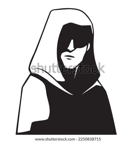 Vector mystery man in hoodie with half face in shodow. Black and white illustration of silhouette of a character portrait in hood, a shadow hides his face.