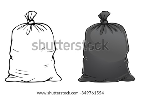 Vector cartoon illustration of black full trash bag isolated on white