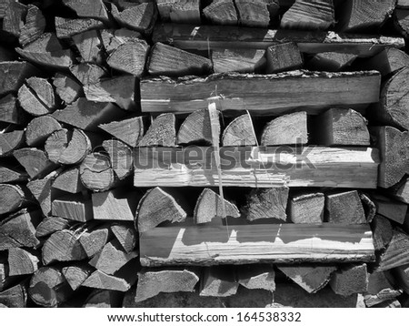 heap of firewood and tree trunks