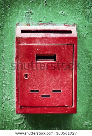 Similar – Image, Stock Photo old, pasted mailbox slot with a flap that says “LETTERS”, made of metal in an old wooden door, where the brown paint is peeling off / write letter / e-mail / mailbox company