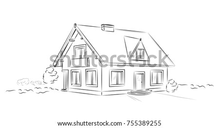 Outline architectural sketch detached tarditional house - vector concept 