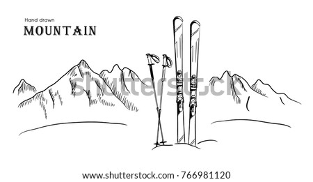 Hand drawn Mountain and ski graphic black white landscape vector illustration 