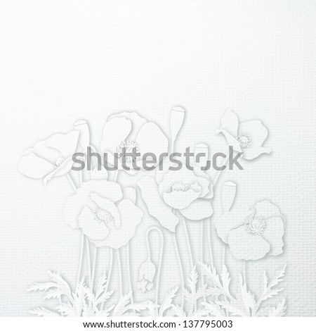 White spring flower paper craft against a white paper texture background
