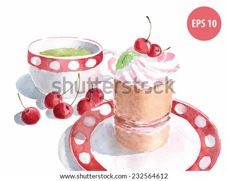 watercolor cake on dish with cup of green tea, painting food