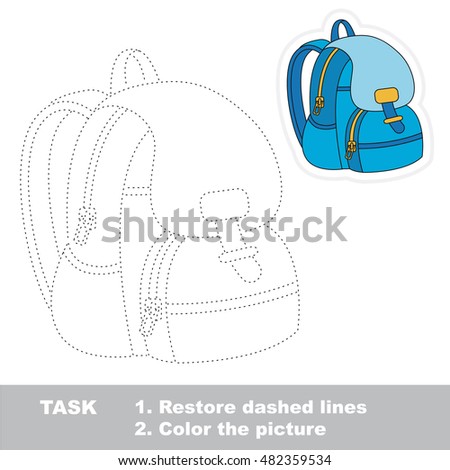 School bag in vector to be traced. Restore dashed line and color the picture. Tracing game for preschool children, easy game level.