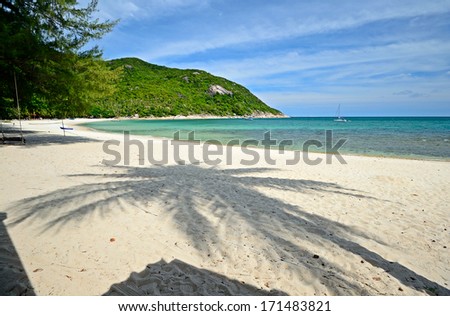 Gorgeous tropical bay with the shadow of coconut palm trees at Ao Haad Khuad, Koh Phangan, Southern Thailand.