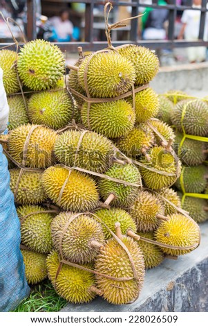 Packed durians ready to sell in south east asian market. Selective focus.