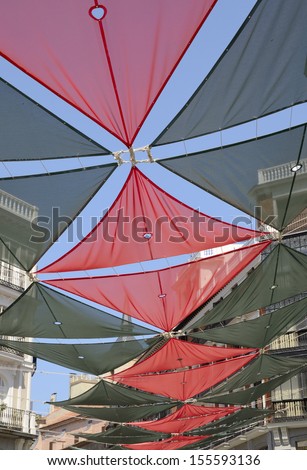 Awnings for the summer in downtown street in Madrid, Spain