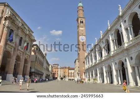 VICENZA, ITALY - AUGUST 8: Bissara Tower rises above the Square of the Lords on August 8, 2014 in Vicenza, in the Veneto region of northeast Italy.