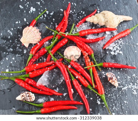 hot red chili pepper on a black stone surface  / Hot Red Chili Pepper / Chili Pepper