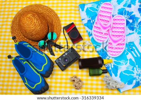 Beach Time Summer Travel Kit featuring slippers, bikini, radio, sun lotion, lotion, hat & camera