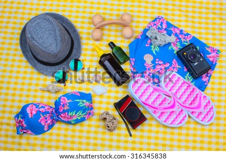 Beach Time Summer Travel Kit featuring slippers, bikini, radio, sun lotion, lotion, hat & camera
