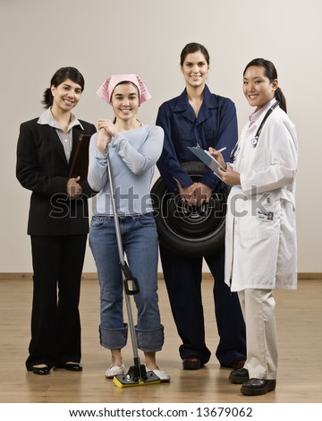Young women dressed in various occupations