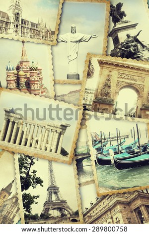 Collage of old photo. Traveling concept.