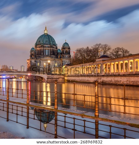 Berlin Cathedral (Berliner Dom) Long Exposure with blurred sky and river, famous landmark in Berlin City, Germany at night