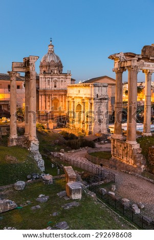 ROME, ITALY - FEBRUARY 22, 2015 High Dynamic Range Picture at Sunset of the Roman Forum an important monument of antiquity and is one of the main tourist attractions of Rome.