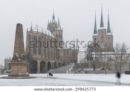 Erfurt, Germany. January 24, 2014: Winter View of St Mary\'s Cathedral (left) and St Severus\' Church (right) on Domberg hill.