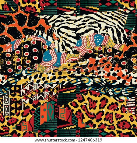 Traditional african fabric and wild animal skins vector seamless pattern