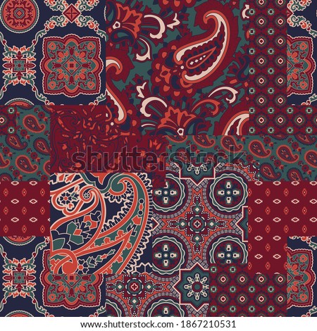 cashmere paisley silk fabric patchwork abstract vector seamless pattern wallpaper