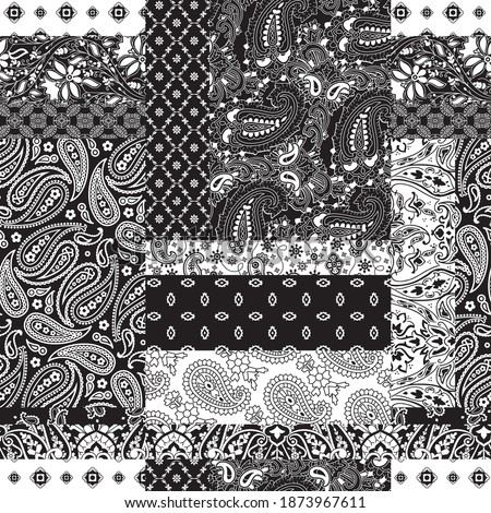 Cashmere paisley bandana fabric patchwork abstract vector seamless pattern wallpaper