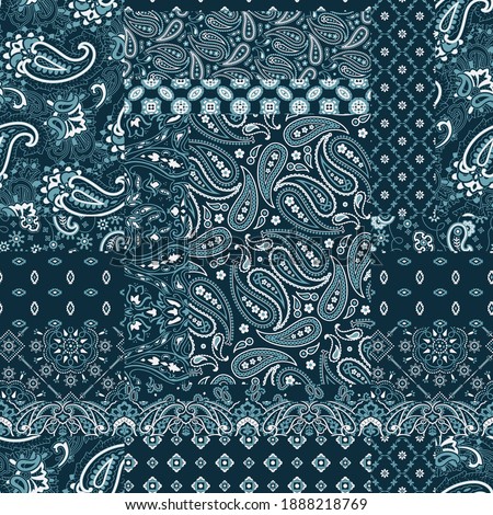 Blue bandana paisley fabric patchwork abstract vector seamless pattern 
