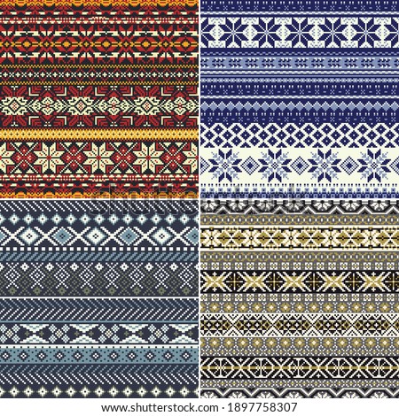 Nordic style  snowflake jacquard knitted vector seamless pattern collection