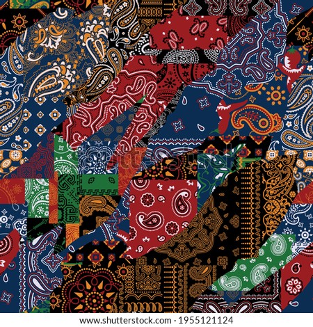 Bandana kerchief fabric paisley fabric patchwork abstract vector seamless pattern 